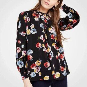 Ann Taylor XS Blooming Pansy Floral Black Blouse Long Sleeves Career Office Work